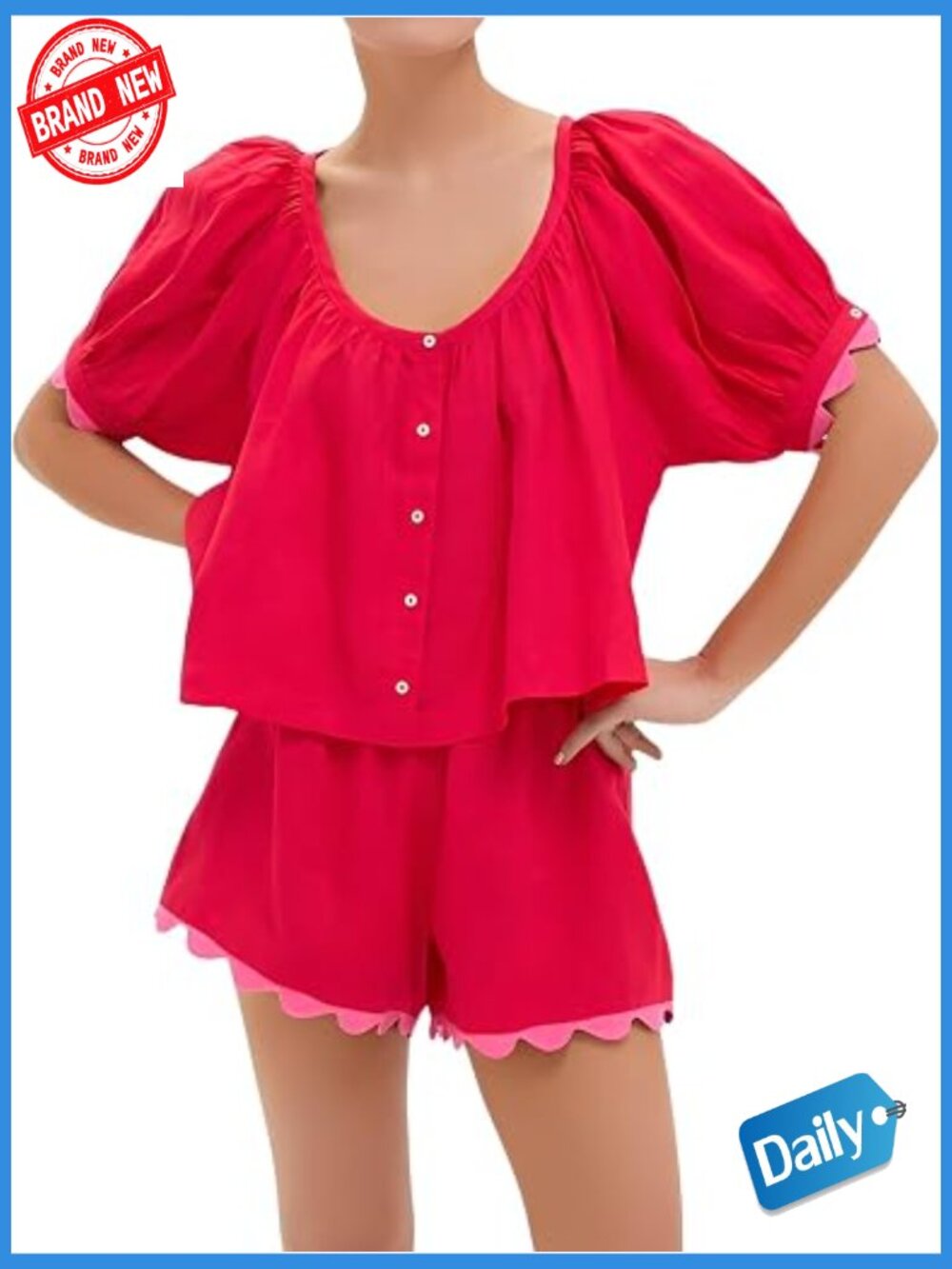 Two Piece Set Women Casual Summer Gingham Top Shorts Set Puff Sleeve Scalloped